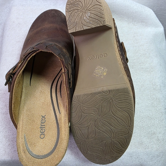 Aetrex Corey Brown Leather Clog Mules | Cork Heel Comfort Slip-On | Size 9 - Picture 8 of 10